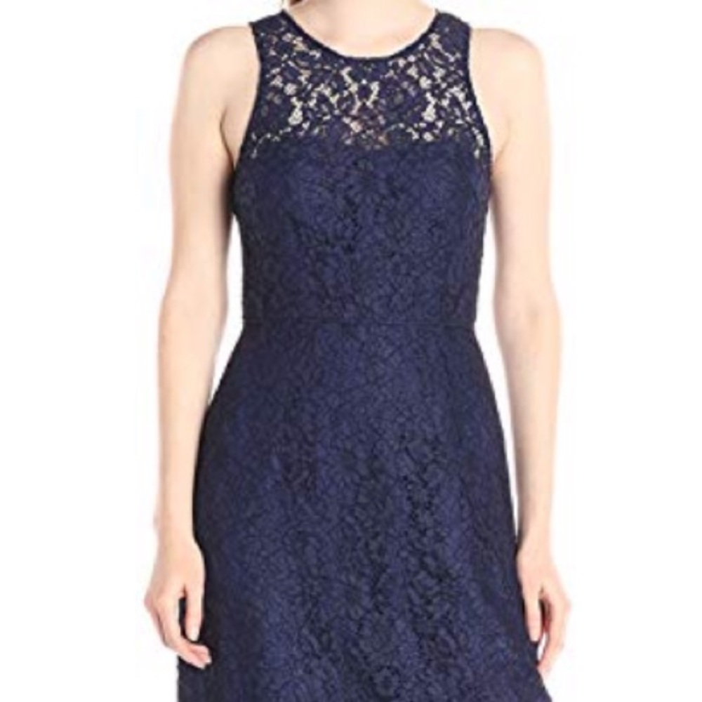 Donna Morgan navy lace bridesmaid dress